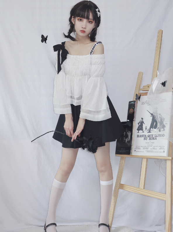 Off Shoulder Logo & Bow Gathered Top + Logo Lace Up Skirt