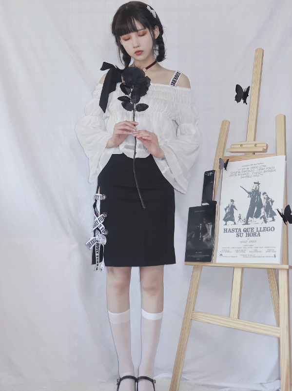 Off Shoulder Logo & Bow Gathered Top + Logo Lace Up Skirt