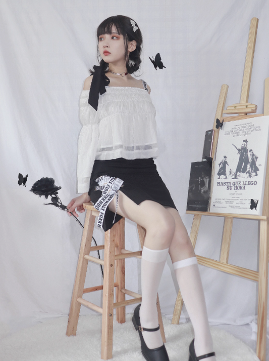 Off Shoulder Logo & Bow Gathered Top + Logo Lace Up Skirt
