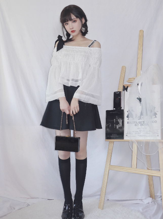 Off Shoulder Logo & Bow Gathered Top + Logo Lace Up Skirt