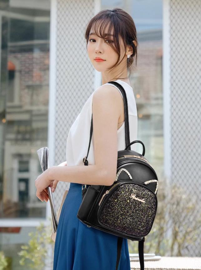 Cat Motif Glitter Backpack