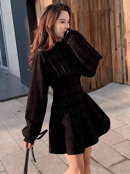 Stand Collar Plaid Pattern Tuck Dress