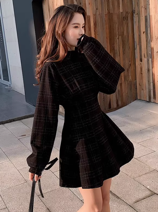 Stand Collar Plaid Pattern Tuck Dress