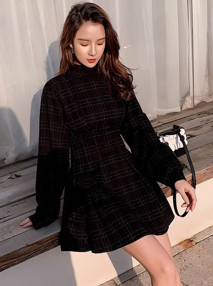Stand Collar Plaid Pattern Tuck Dress