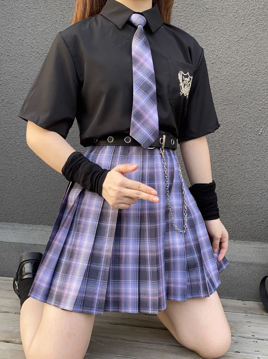 Necktie + Short Sleeve Blouse + Plaid Pleated Skirt