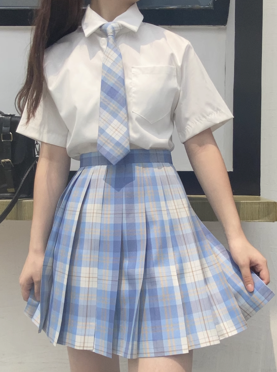 Necktie + Short Sleeve Blouse + Plaid Pleated Skirt