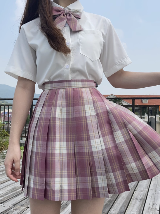Necktie + Short Sleeve Blouse + Plaid Pleated Skirt