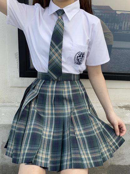 Necktie + Short Sleeve Blouse + Plaid Pleated Skirt