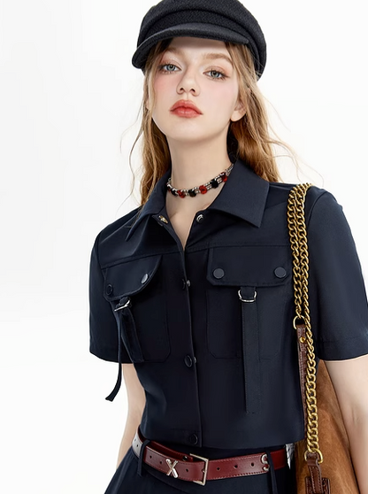 Belt Pocket Design Short Shirt + Pleated Skirt