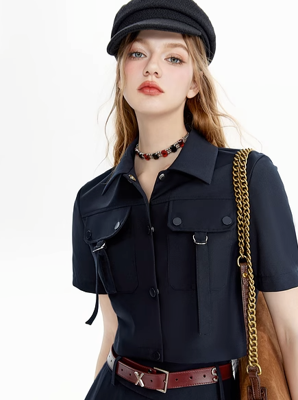 Belt Pocket Design Short Shirt + Pleated Skirt