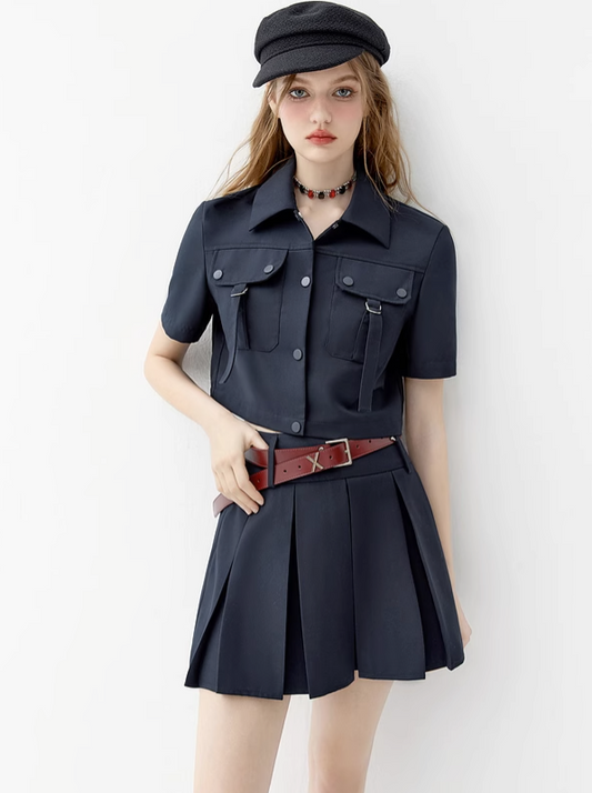 Belt Pocket Design Short Shirt + Pleated Skirt