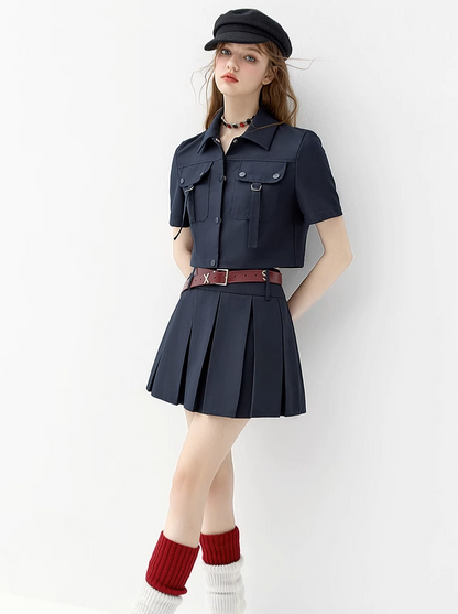 Belt Pocket Design Short Shirt + Pleated Skirt