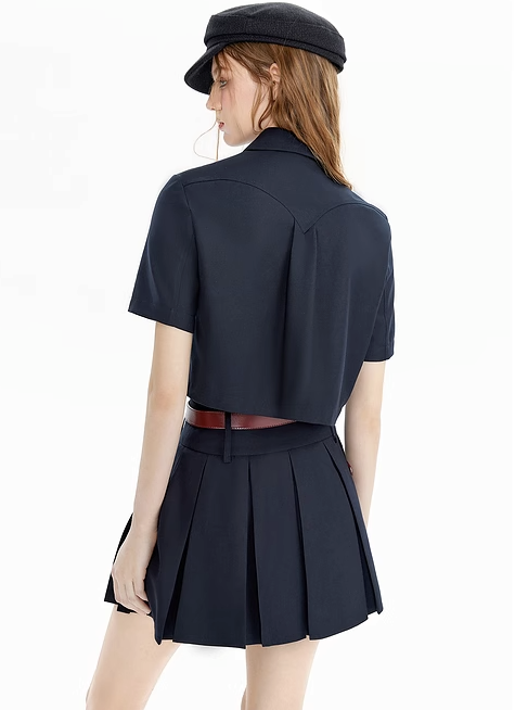 Belt Pocket Design Short Shirt + Pleated Skirt