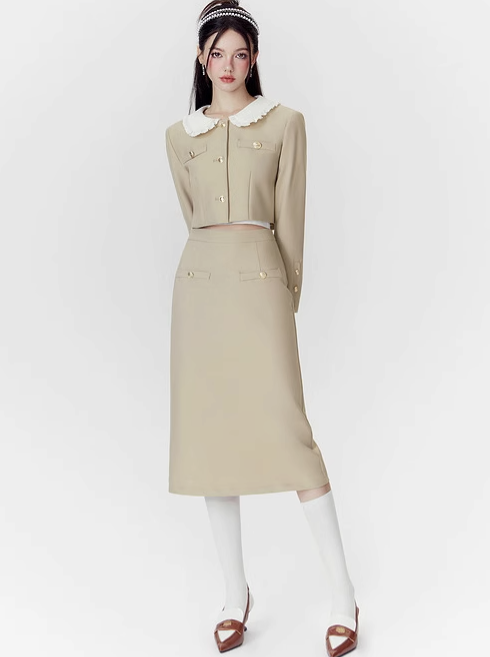 Doll Collar Short Jacket + Long Skirt