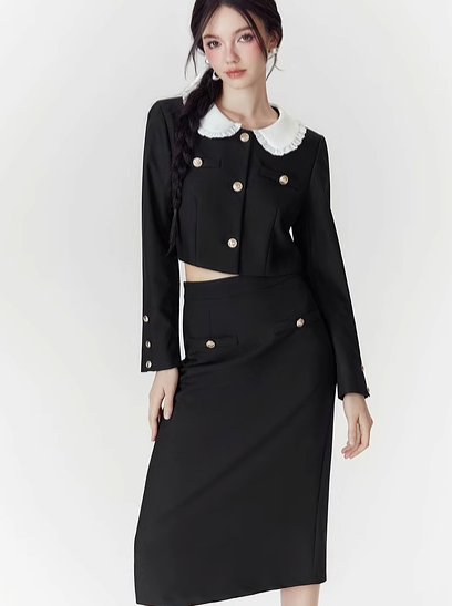 Doll Collar Short Jacket + Long Skirt