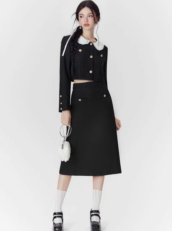 Doll Collar Short Jacket + Long Skirt
