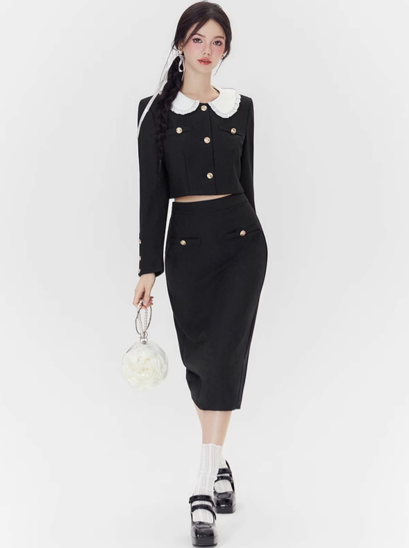 Doll Collar Short Jacket + Long Skirt