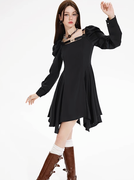 Strapless Puff Sleeve Black Dress