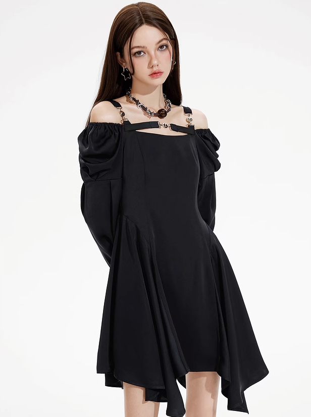 Strapless Puff Sleeve Black Dress