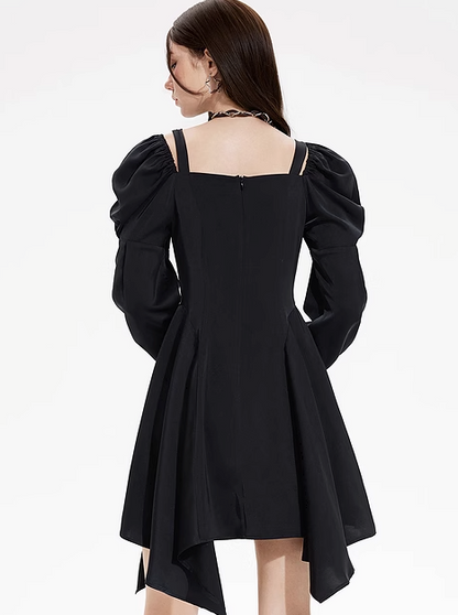 Strapless Puff Sleeve Black Dress