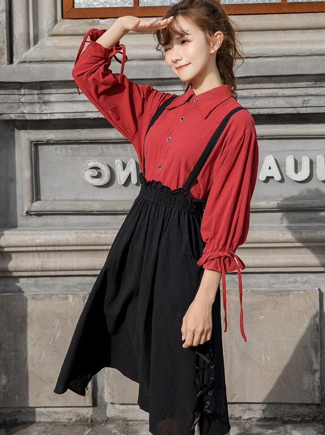 Ribbon Skirt Stand Collar Shirt Set