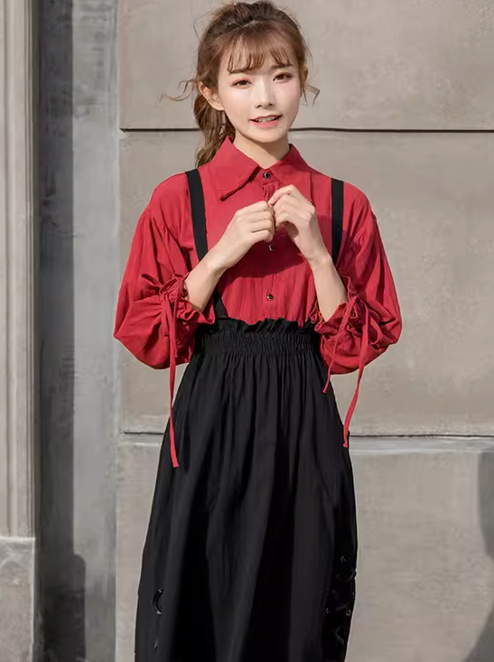 Ribbon Skirt Stand Collar Shirt Set