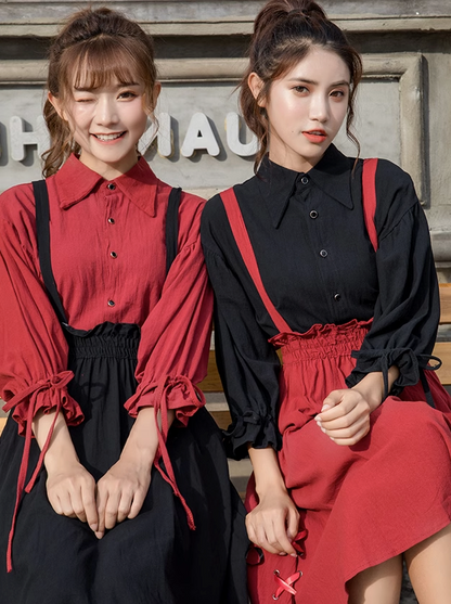 Ribbon Skirt Stand Collar Shirt Set