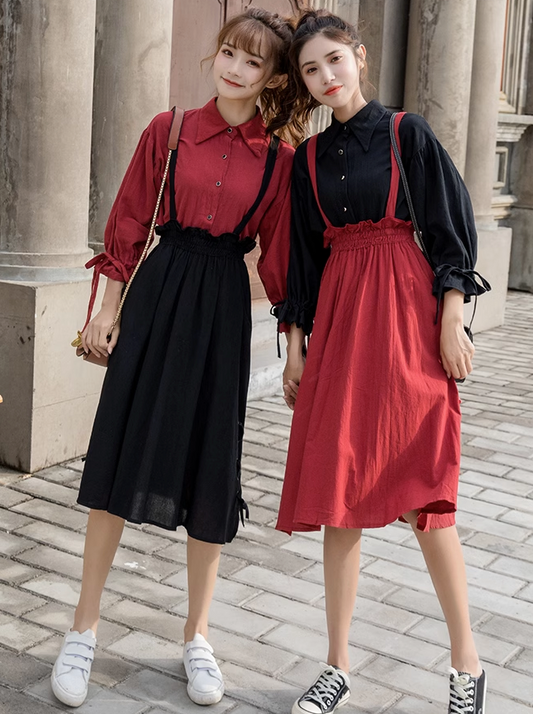 Ribbon Skirt Stand Collar Shirt Set