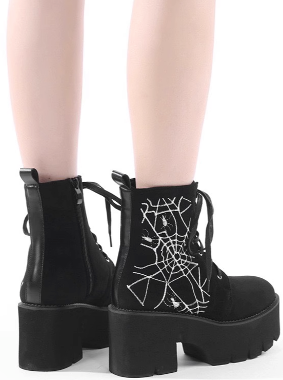 Spider Design Matte Black Short Boots