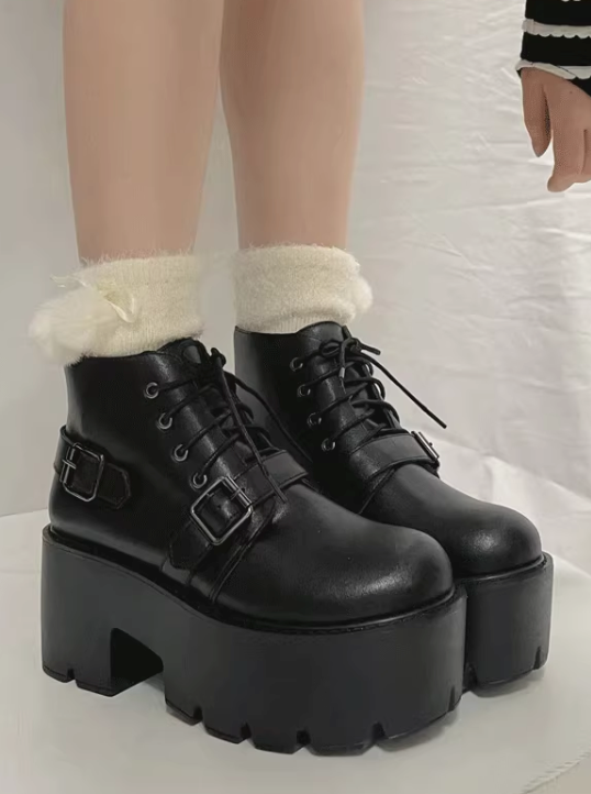 Lace Up Back Belt Leather Platform Boots