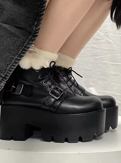 Lace Up Back Belt Leather Platform Boots