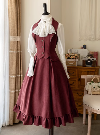 Classical Retro Blouse + Colored Vest + Flared Long Skirt