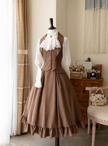 Classical Retro Blouse + Colored Vest + Flared Long Skirt