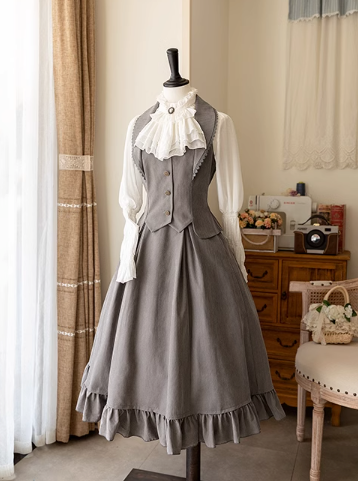 Classical Retro Blouse + Colored Vest + Flared Long Skirt