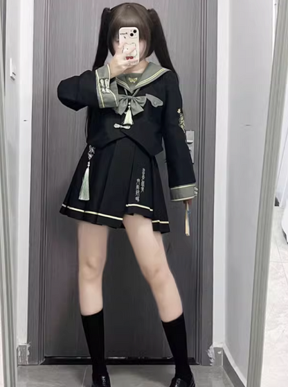 Chinese-style Sailor Top + Short Skirt + Long Skirt + Chain + Ribbon