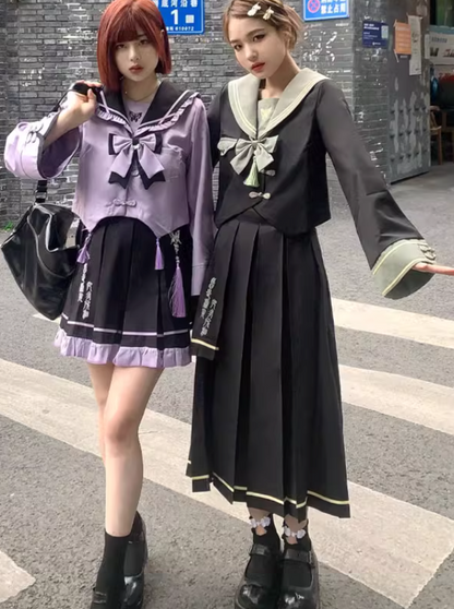 Chinese-style Sailor Top + Short Skirt + Long Skirt + Chain + Ribbon