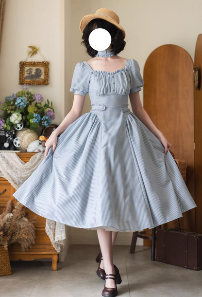 [pre-order] Retro French Classic Cotton & Linen Striped Dress