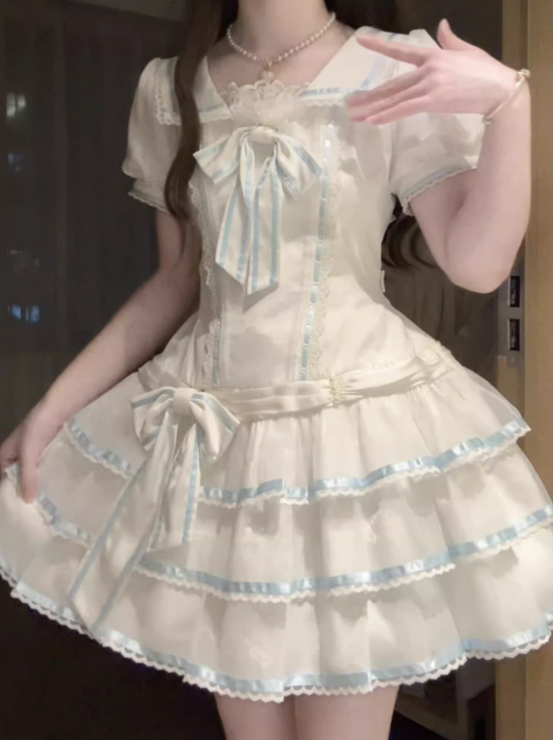 [pre-order] Sea Salt Rabbit Aqua Sailor Dress Set + Headband + Ribbon Headband
