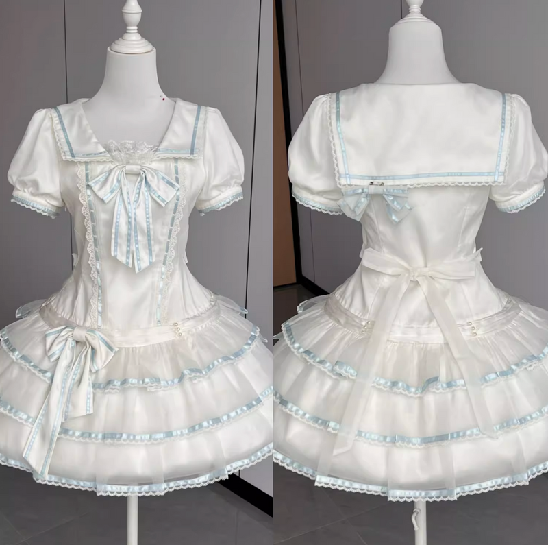 [pre-order] Sea Salt Rabbit Aqua Sailor Dress Set + Headband + Ribbon Headband