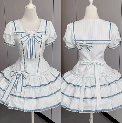 [pre-order] Sea Salt Rabbit Aqua Sailor Dress Set + Headband + Ribbon Headband