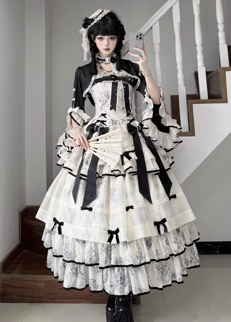 [pre-order] Brandy French Pearl Bustier Dress + Long Skirt + Black Jacquard Jacket + Complete Accessories