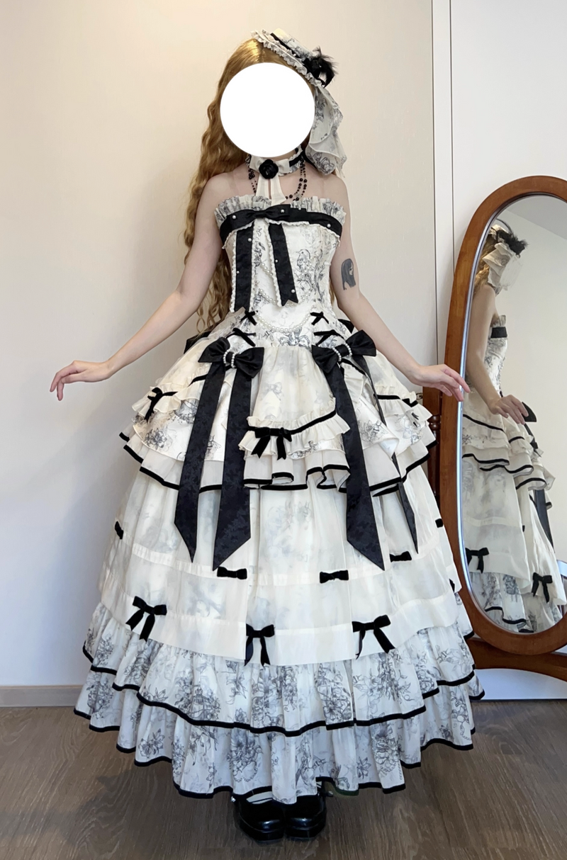 [pre-order] Brandy French Pearl Bustier Dress + Long Skirt + Black Jacquard Jacket + Complete Accessories