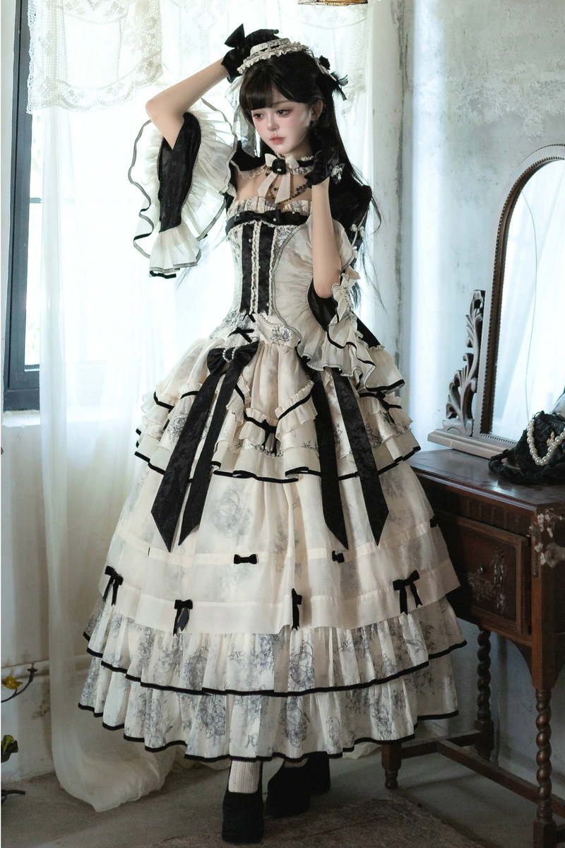 [pre-order] Brandy French Pearl Bustier Dress + Long Skirt + Black Jacquard Jacket + Complete Accessories