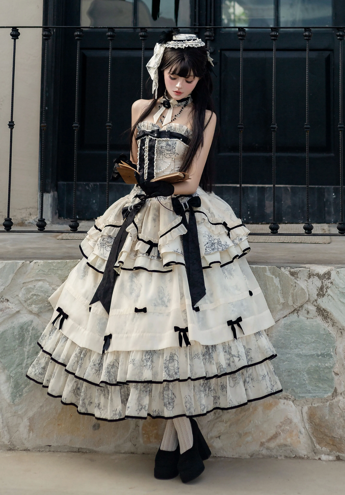 [pre-order] Brandy French Pearl Bustier Dress + Long Skirt + Black Jacquard Jacket + Complete Accessories