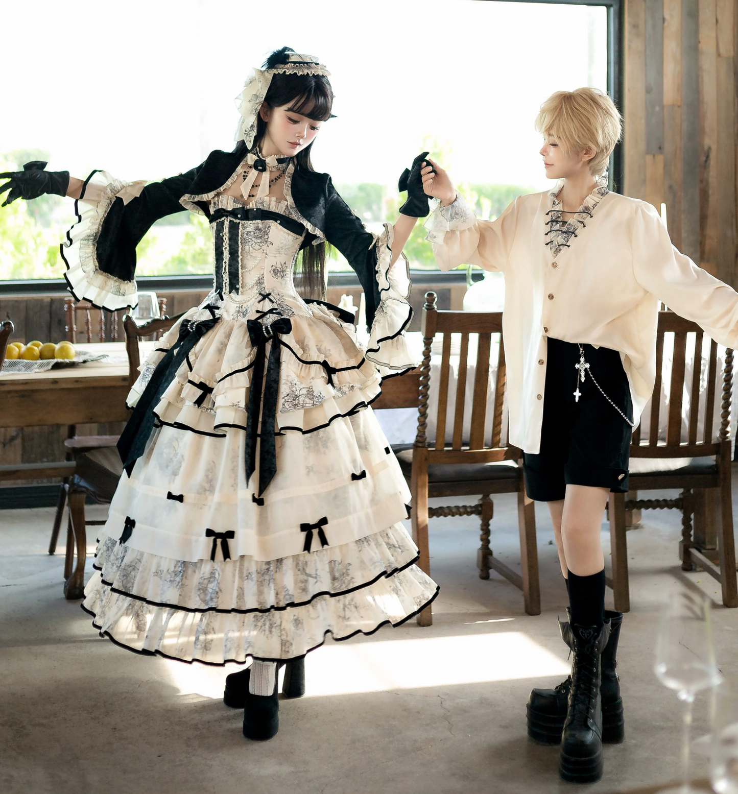 [pre-order] Brandy French Pearl Bustier Dress + Long Skirt + Black Jacquard Jacket + Complete Accessories