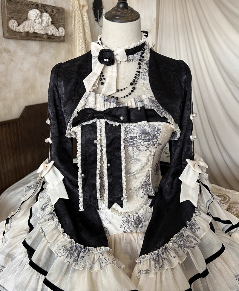 [pre-order] Brandy French Pearl Bustier Dress + Long Skirt + Black Jacquard Jacket + Complete Accessories