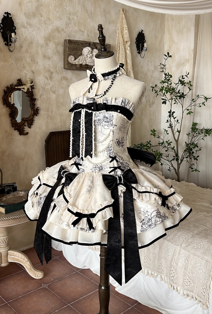 [pre-order] Brandy French Pearl Bustier Dress + Long Skirt + Black Jacquard Jacket + Complete Accessories