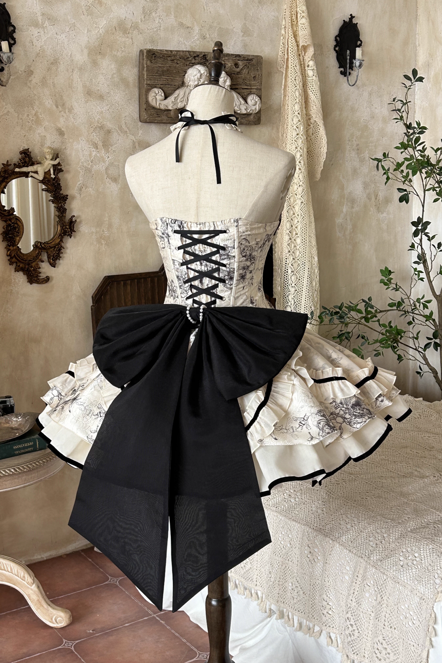 [pre-order] Brandy French Pearl Bustier Dress + Long Skirt + Black Jacquard Jacket + Complete Accessories