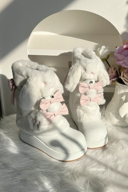 Thick-soled Boots With Rabbit-ear Fur Ribbon