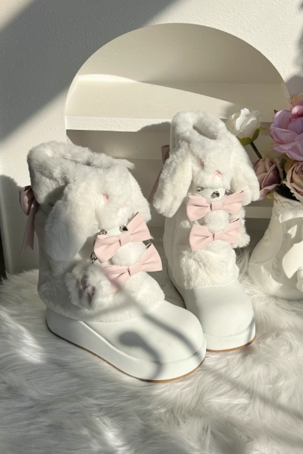 Thick-soled Boots With Rabbit-ear Fur Ribbon